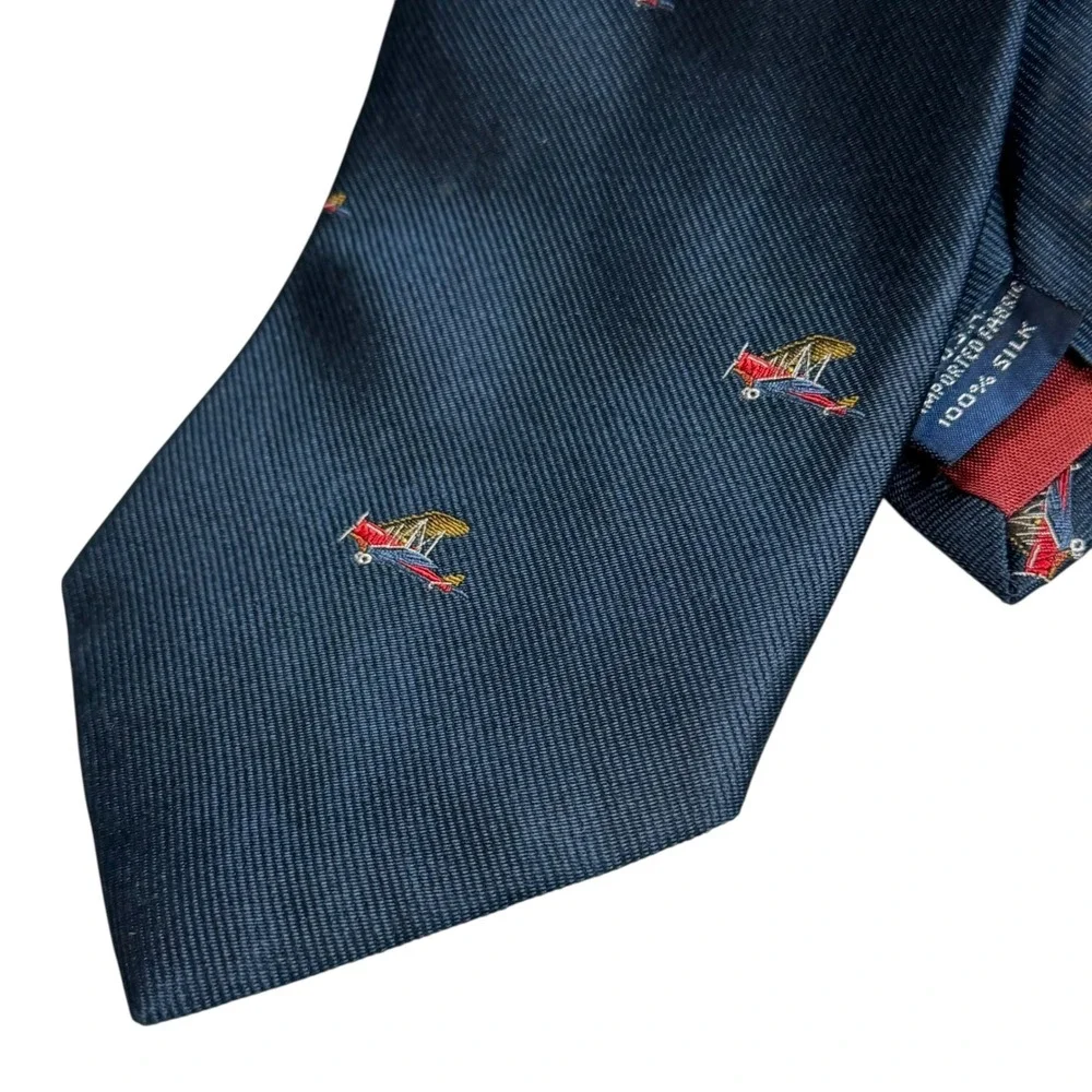 Vintage Lands End Biplane‎ Silk Tie Blue Embroidered Aviation Airplane Captain